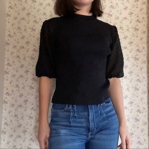 Ribbed Balloon Sleeve Mock Neck Blouse